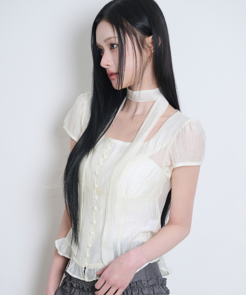 Ribbon Tie Square Neck Blouse Cream