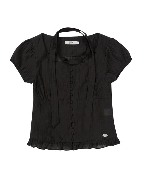 Ribbon Tie Square Neck Blouse Black