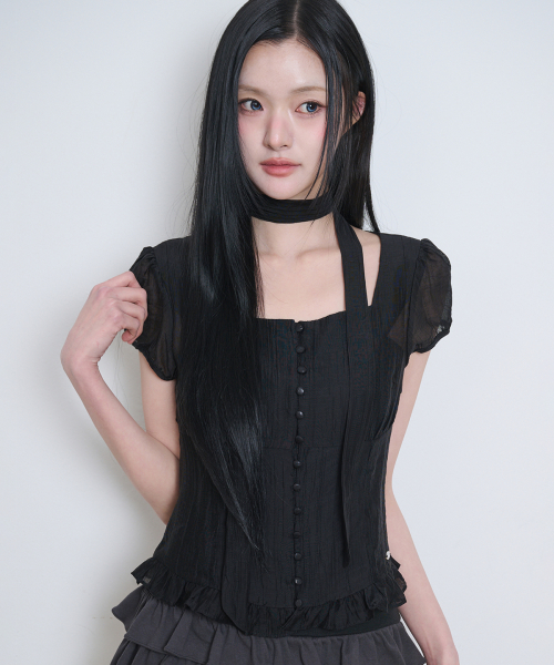 Ribbon Tie Square Neck Blouse Black