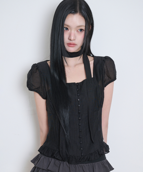 Ribbon Tie Square Neck Blouse Black