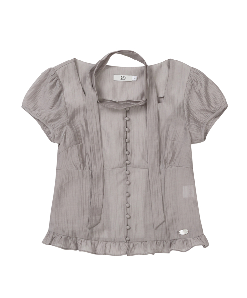 Ribbon Tie Square Neck Blouse - Gray