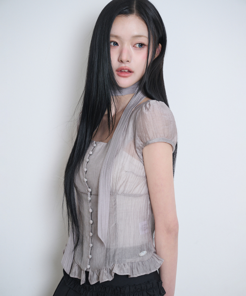Ribbon Tie Square Neck Blouse - Gray