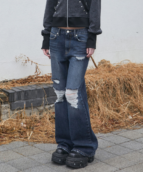 Destroyed Flared Jean (DEEP BLUE)