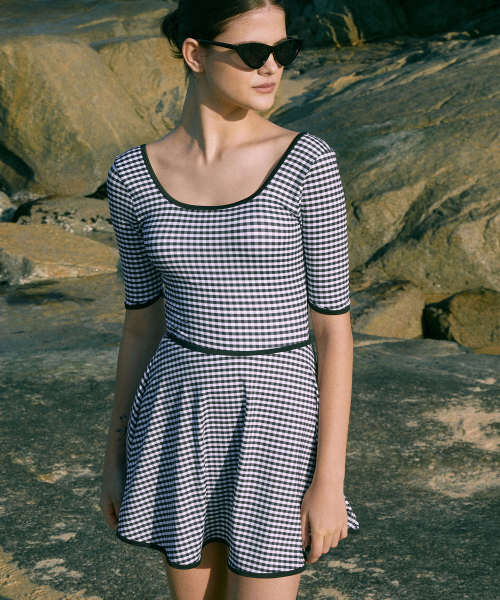 Gingham Check Flare Swim Skirt-2color