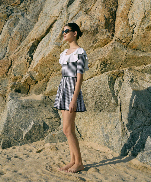 Gingham Check Flare Swim Skirt-2color