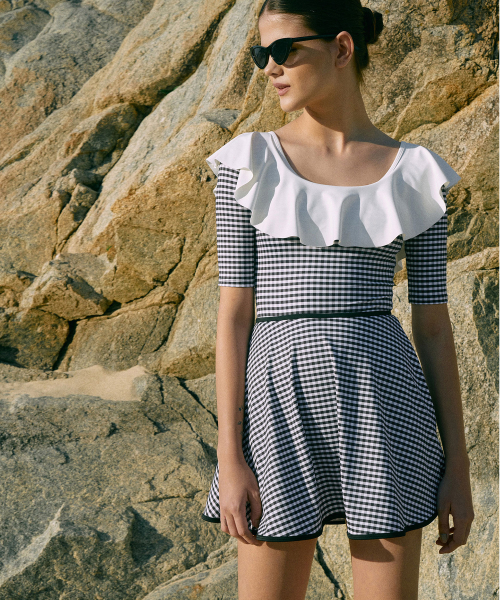 Gingham Check Flare Swim Skirt-2color