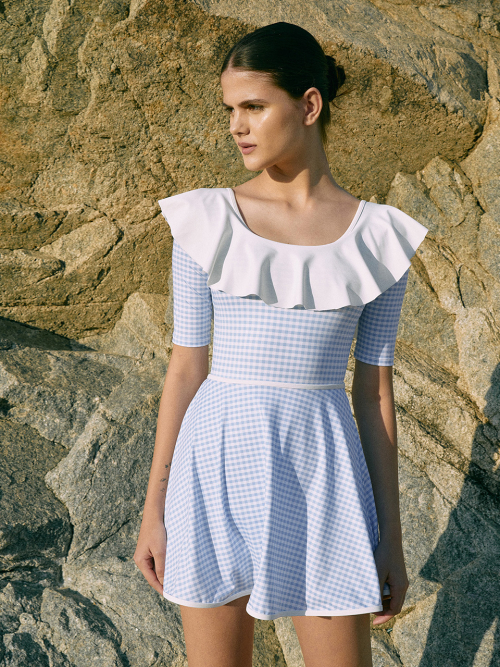 Gingham Check Flare Swim Skirt-2color