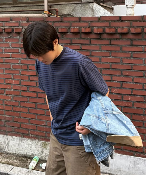 빈티지 라벨 스트라이프 티셔츠_네이비