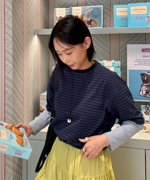 빈티지 라벨 스트라이프 티셔츠_네이비