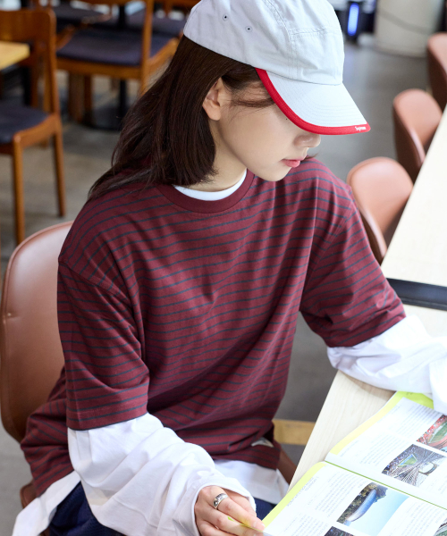 빈티지 라벨 스트라이프 티셔츠_와인