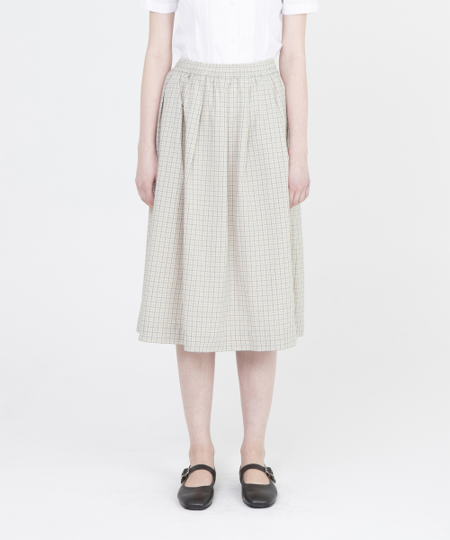 W Shirring Midi Skirt, Ivory Check