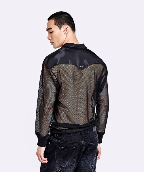 Mesh henly neck longsleeve - Black