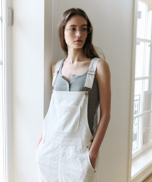 EYELET SEMI WIDE OVERALL PANTS WHITE