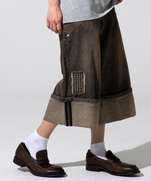 XP284 보로 패치워크 버뮤다 데님 팬츠 (BROWN)