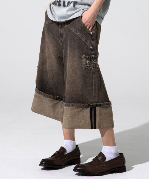 XP284 보로 패치워크 버뮤다 데님 팬츠 (BROWN)