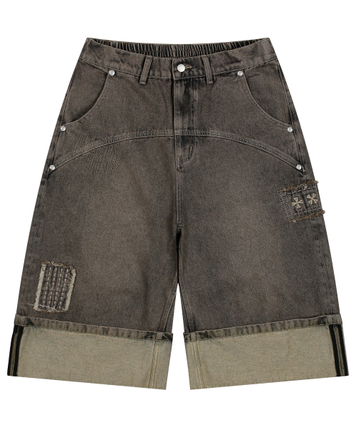 XP284 보로 패치워크 버뮤다 데님 팬츠 (BROWN)