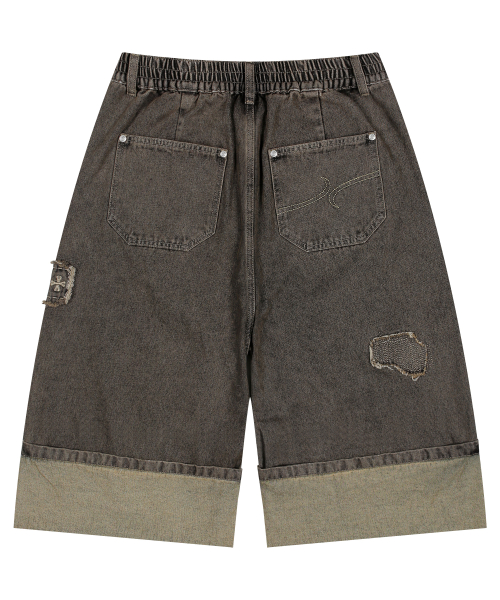 XP284 보로 패치워크 버뮤다 데님 팬츠 (BROWN)