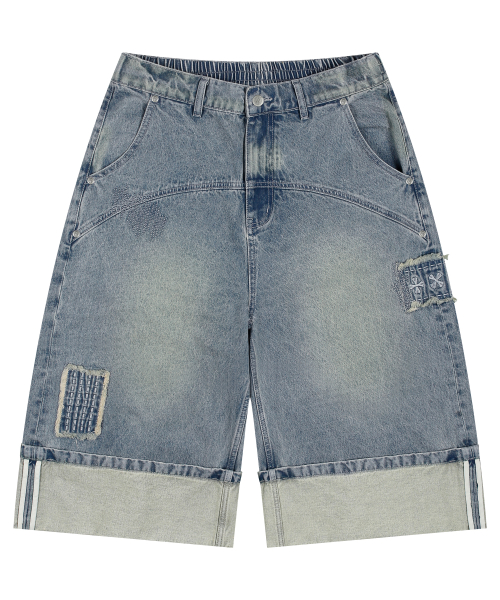 XP284 보로 패치워크 버뮤다 데님 팬츠 (BLUE)