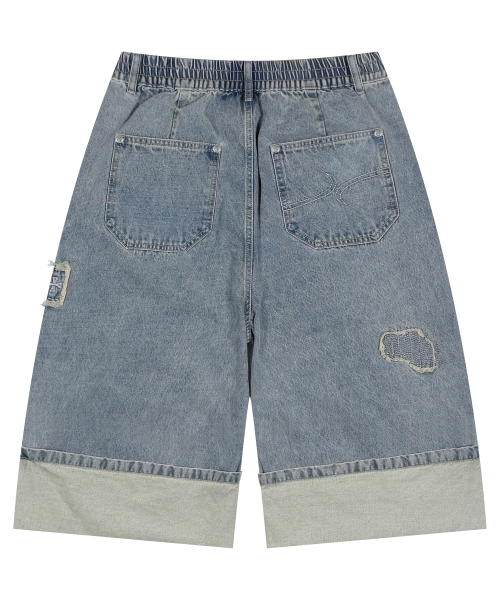 XP284 보로 패치워크 버뮤다 데님 팬츠 (BLUE)