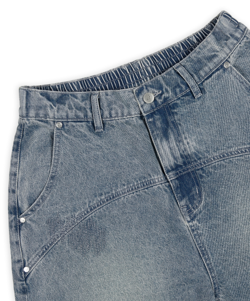 XP284 보로 패치워크 버뮤다 데님 팬츠 (BLUE)
