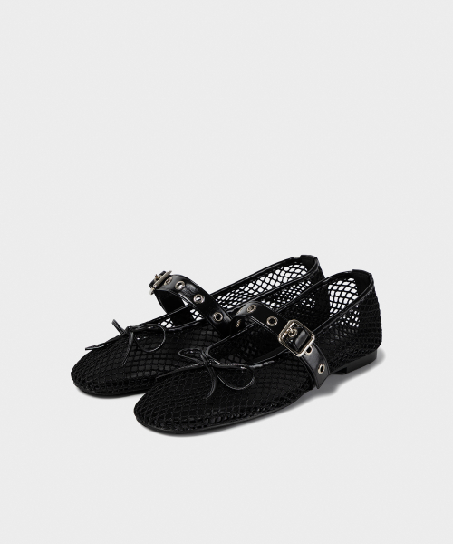 MESH BUCKLE STRAP BALLERINA FLAT BLACK