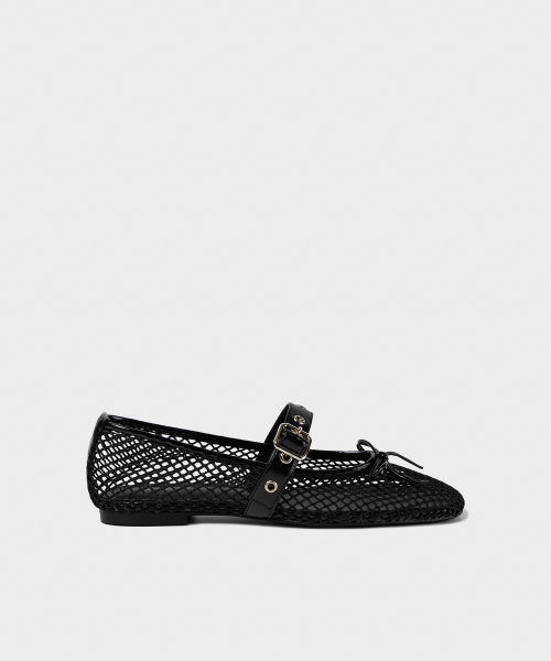 MESH BUCKLE STRAP BALLERINA FLAT BLACK