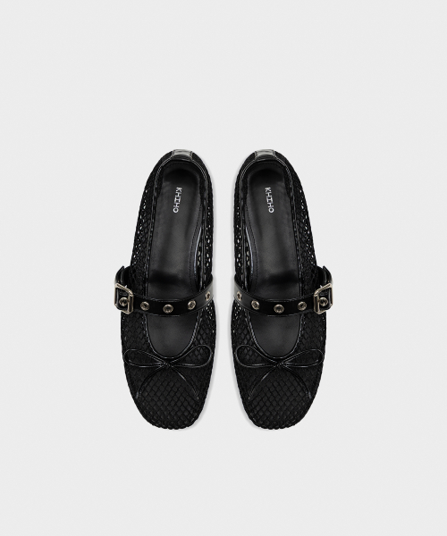 MESH BUCKLE STRAP BALLERINA FLAT BLACK