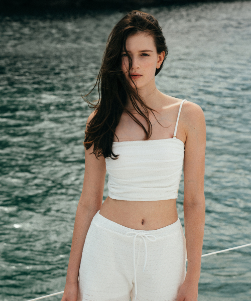 White Punching Shirring Swim Top[LMBESW248]-White