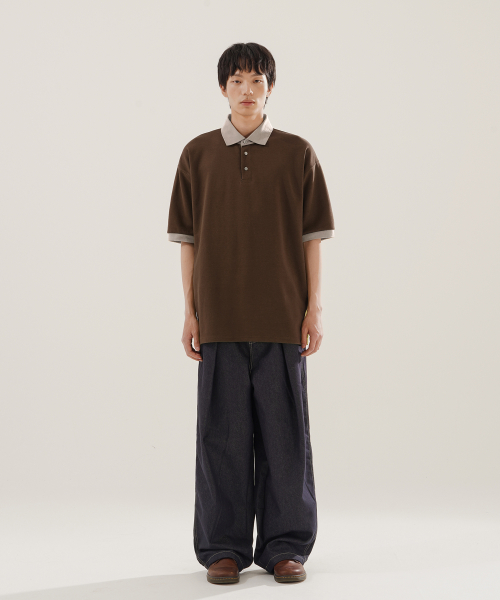 Chess Ringer Collar Short T-Shirt Brown KJST2616