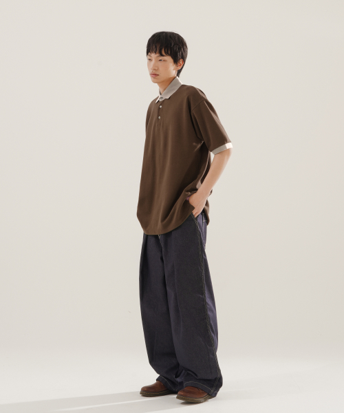 Chess Ringer Collar Short T-Shirt Brown KJST2616