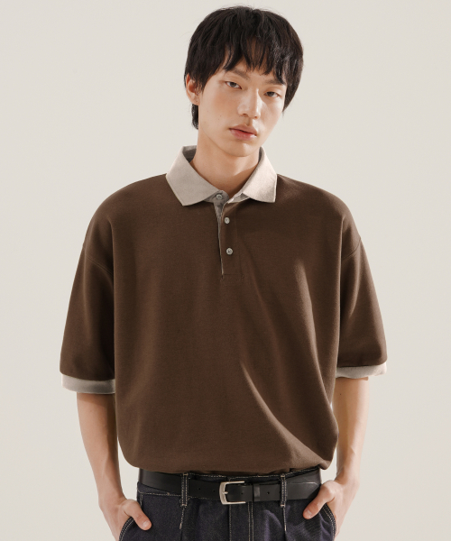 Chess Ringer Collar Short T-Shirt Brown KJST2616