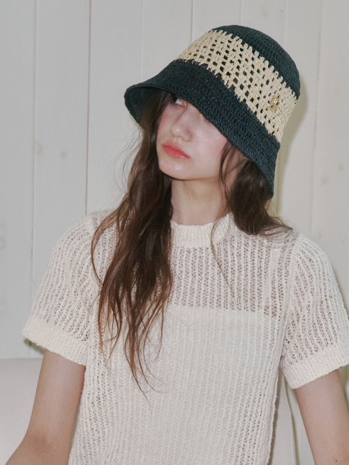 Color Block Paper Crochet Hat (Black & Beige)