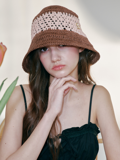 Color Block Paper Crochet Hat (Brown & Pink )