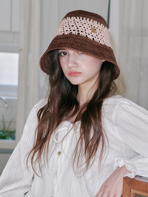 Color Block Paper Crochet Hat (Brown & Pink )