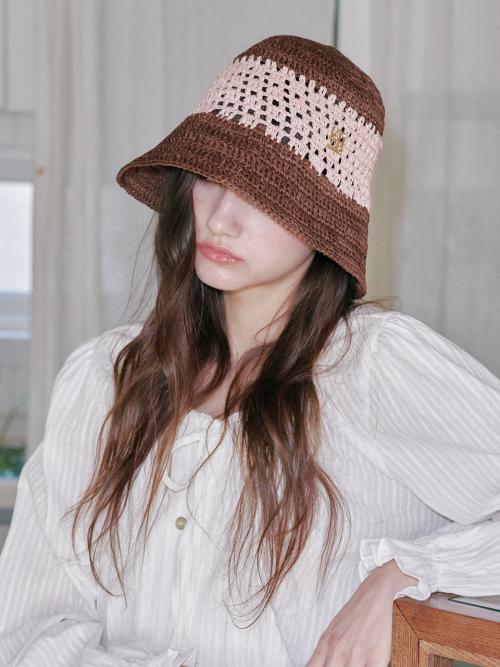 Color Block Paper Crochet Hat (Brown & Pink )