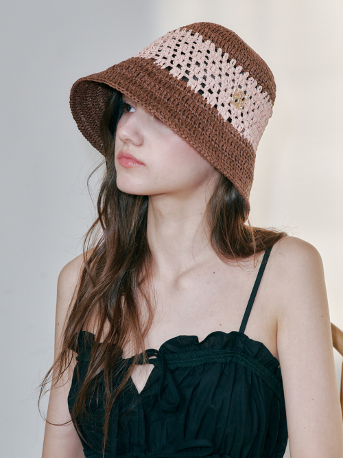 Color Block Paper Crochet Hat (Brown & Pink )
