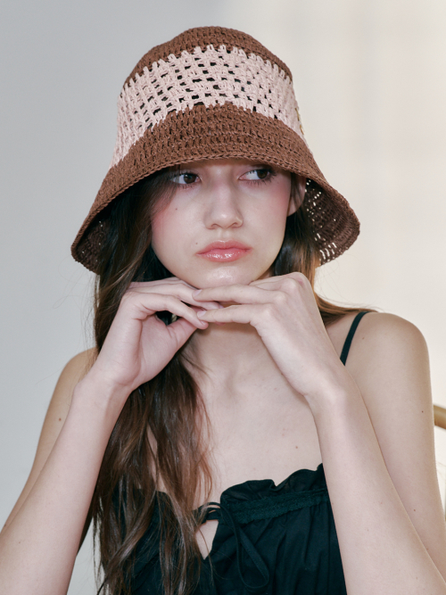 Color Block Paper Crochet Hat (Brown & Pink )