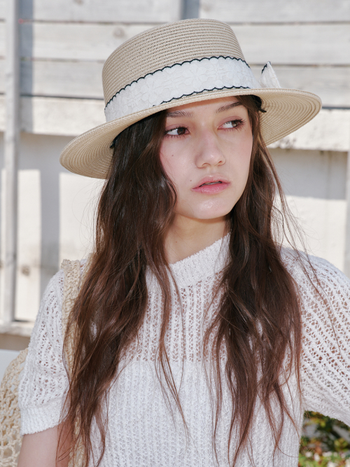 Wave Ribbon Boater Hat (Beige)