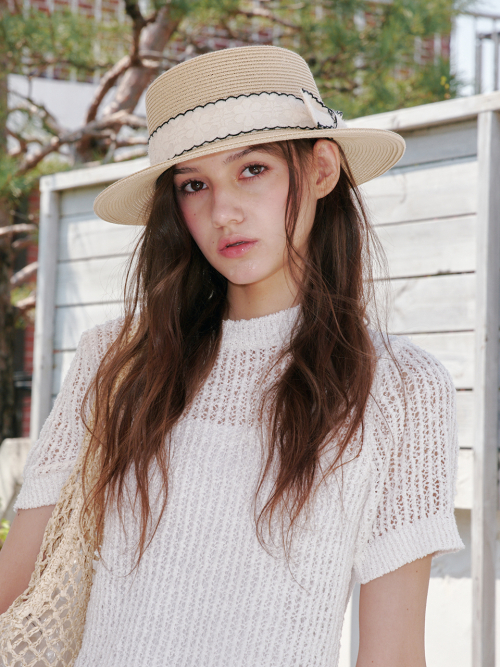 Wave Ribbon Boater Hat (Beige)