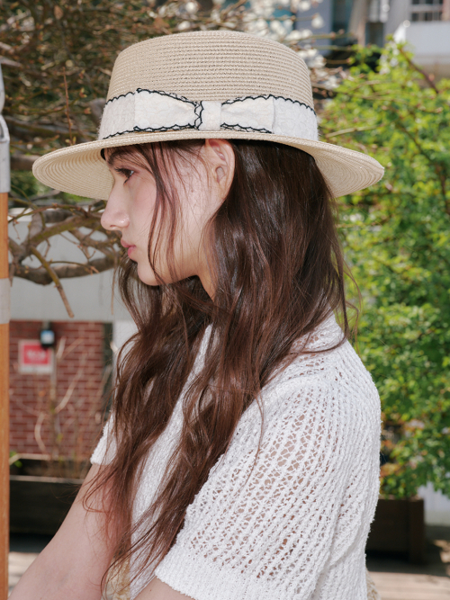 Wave Ribbon Boater Hat (Beige)