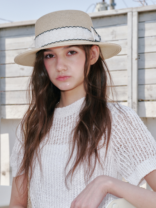 Wave Ribbon Boater Hat (Beige)