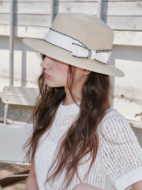 Wave Ribbon Boater Hat (Beige)