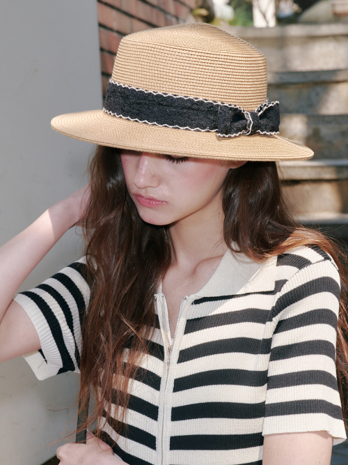 Wave Ribbon Boater Hat (Brown)