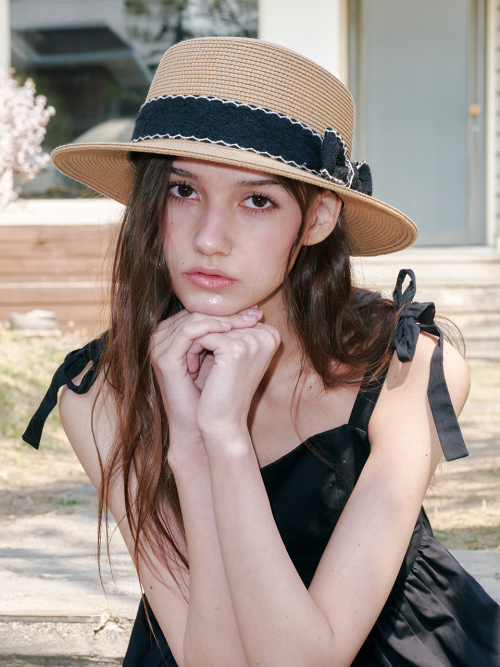 Wave Ribbon Boater Hat (Brown)
