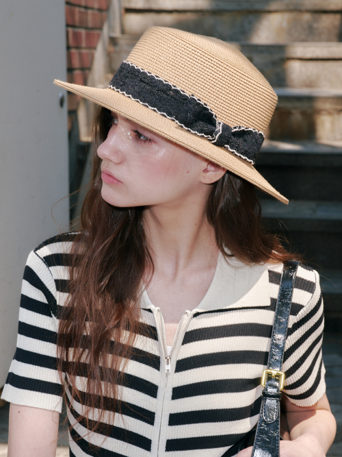 Wave Ribbon Boater Hat (Brown)