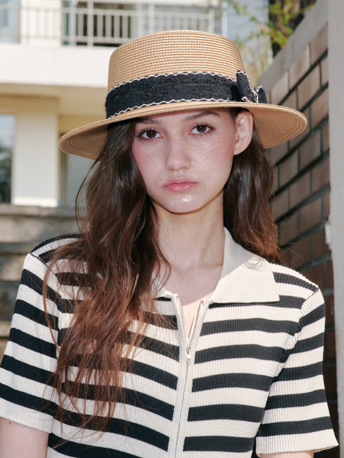 Wave Ribbon Boater Hat (Brown)