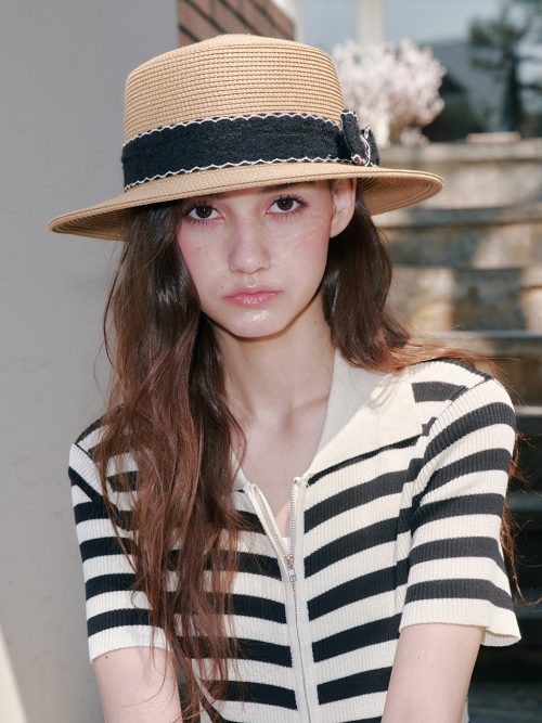 Wave Ribbon Boater Hat (Brown)