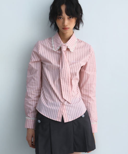 Stripe Lace Tie Shirt Pink