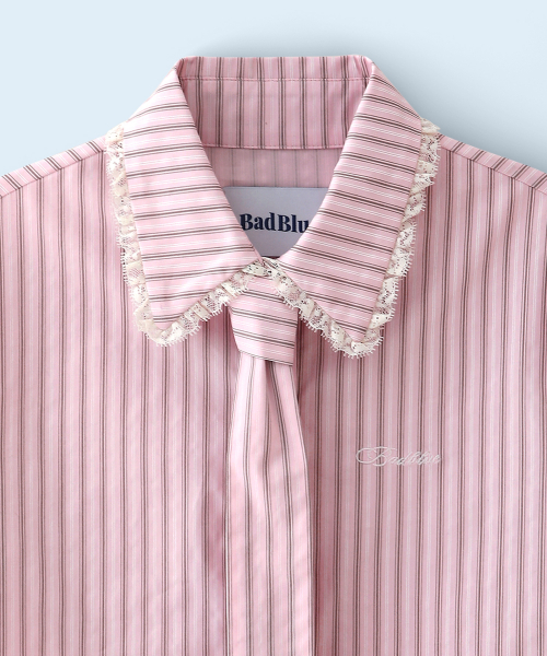 Stripe Lace Tie Shirt Pink