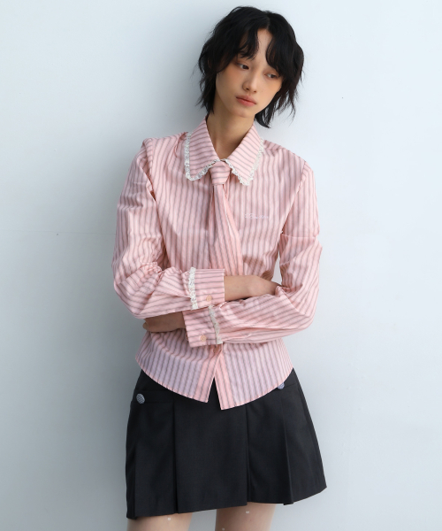 Stripe Lace Tie Shirt Pink